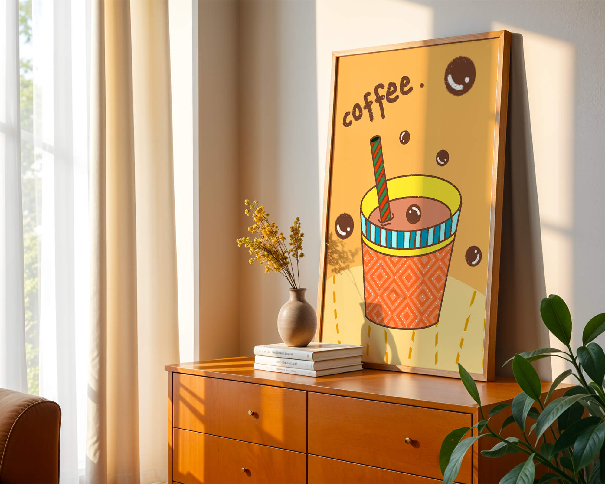 Colorful coffee cup illustration with bubbles and straw