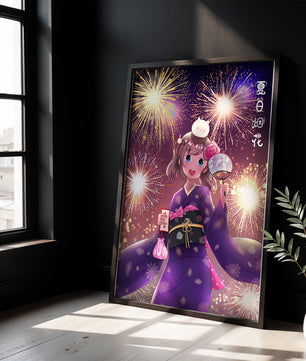 Girl in Yukata Celebrating Fireworks Festival with Cat and Fan