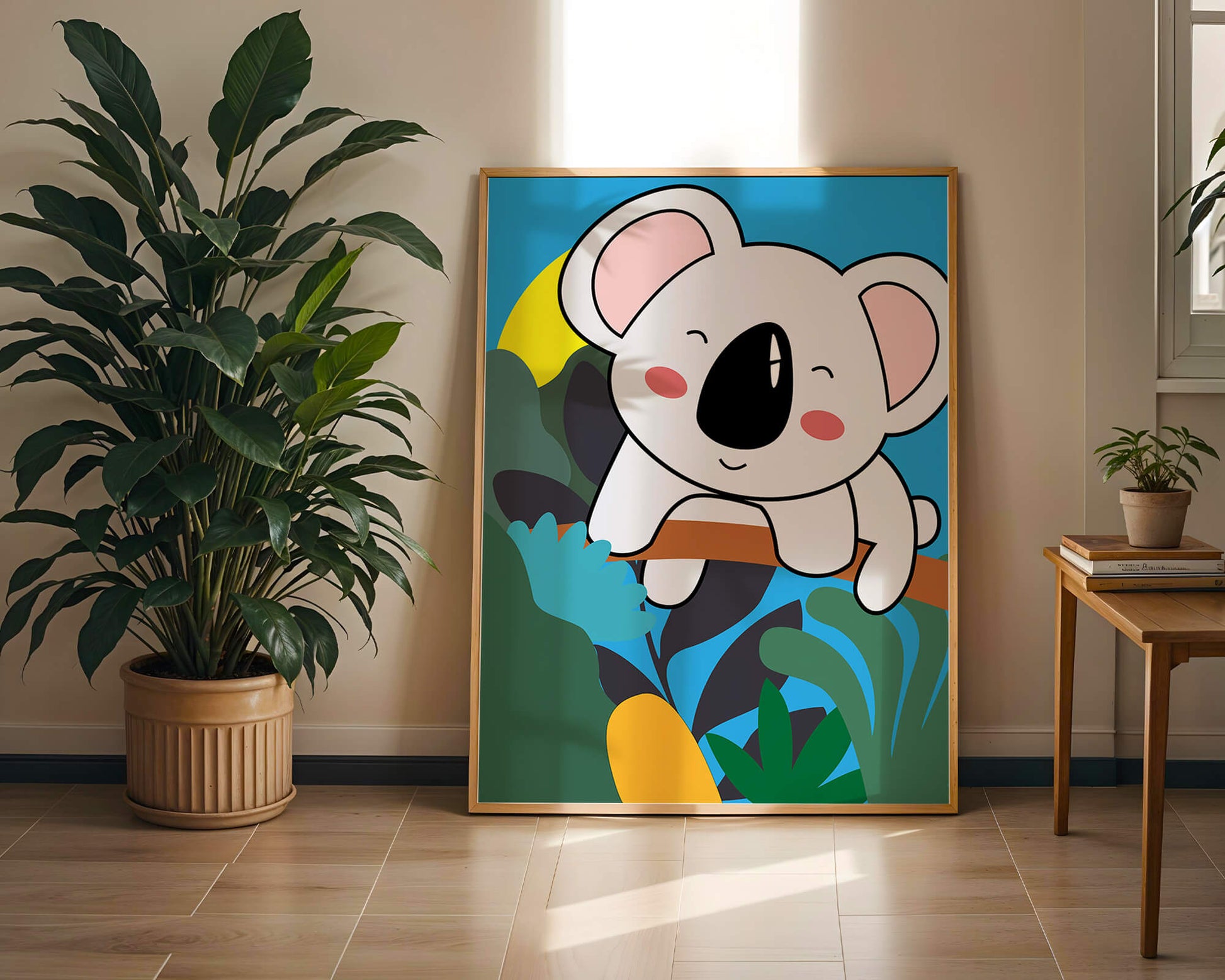 Charming illustrated koala on a branch with vibrant background