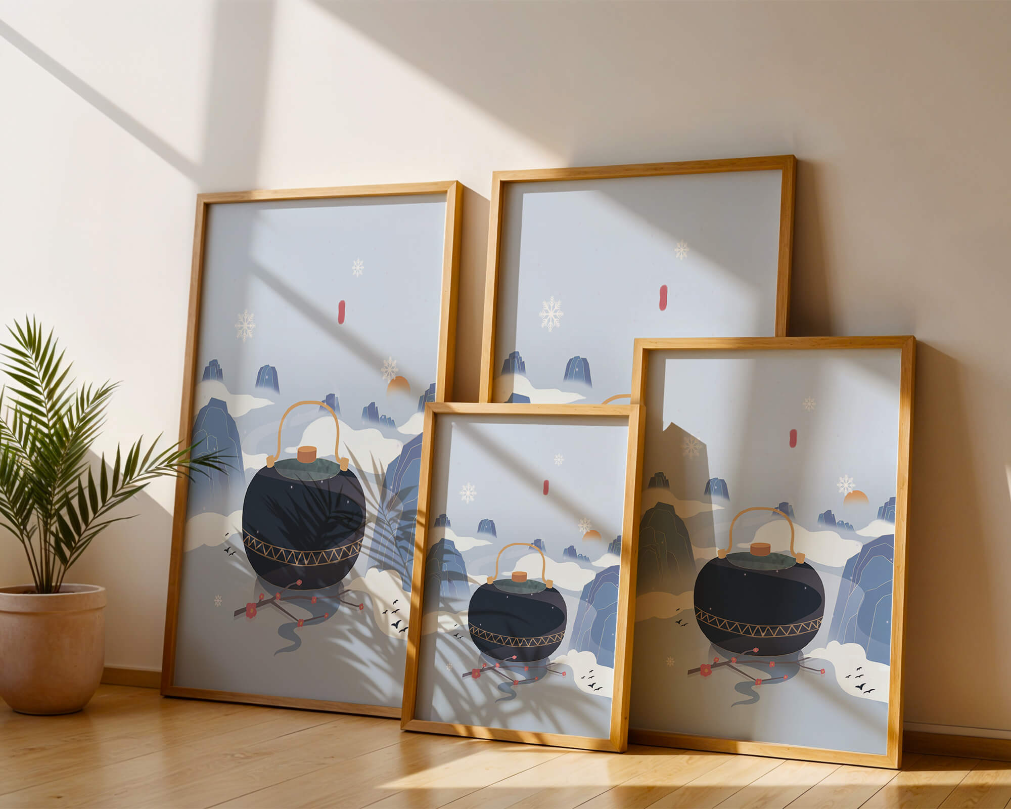 Peaceful winter landscape with kettle and cherry blossoms