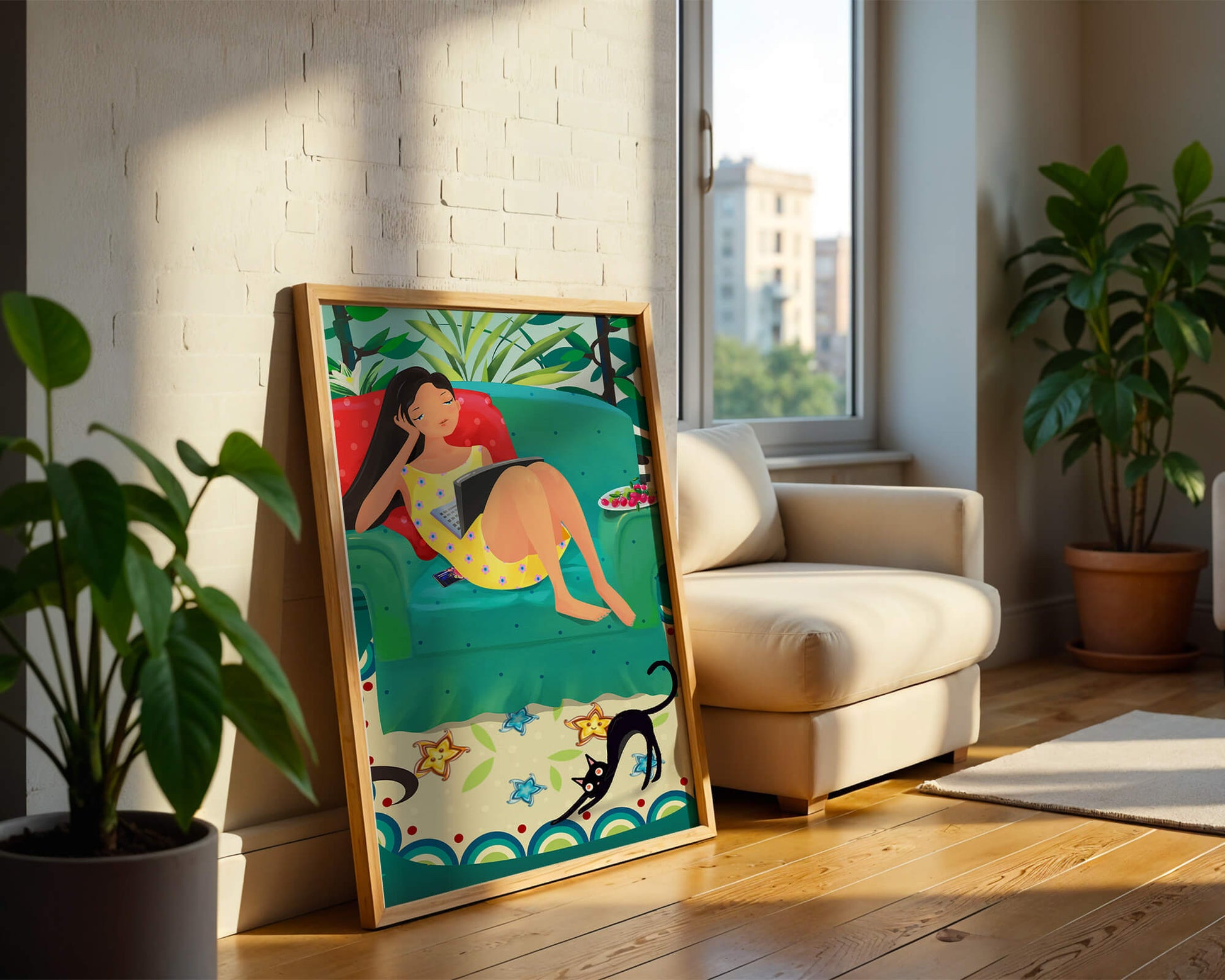Young Woman Relaxing on Couch with Cat and Fruits in Vibrant Living Room