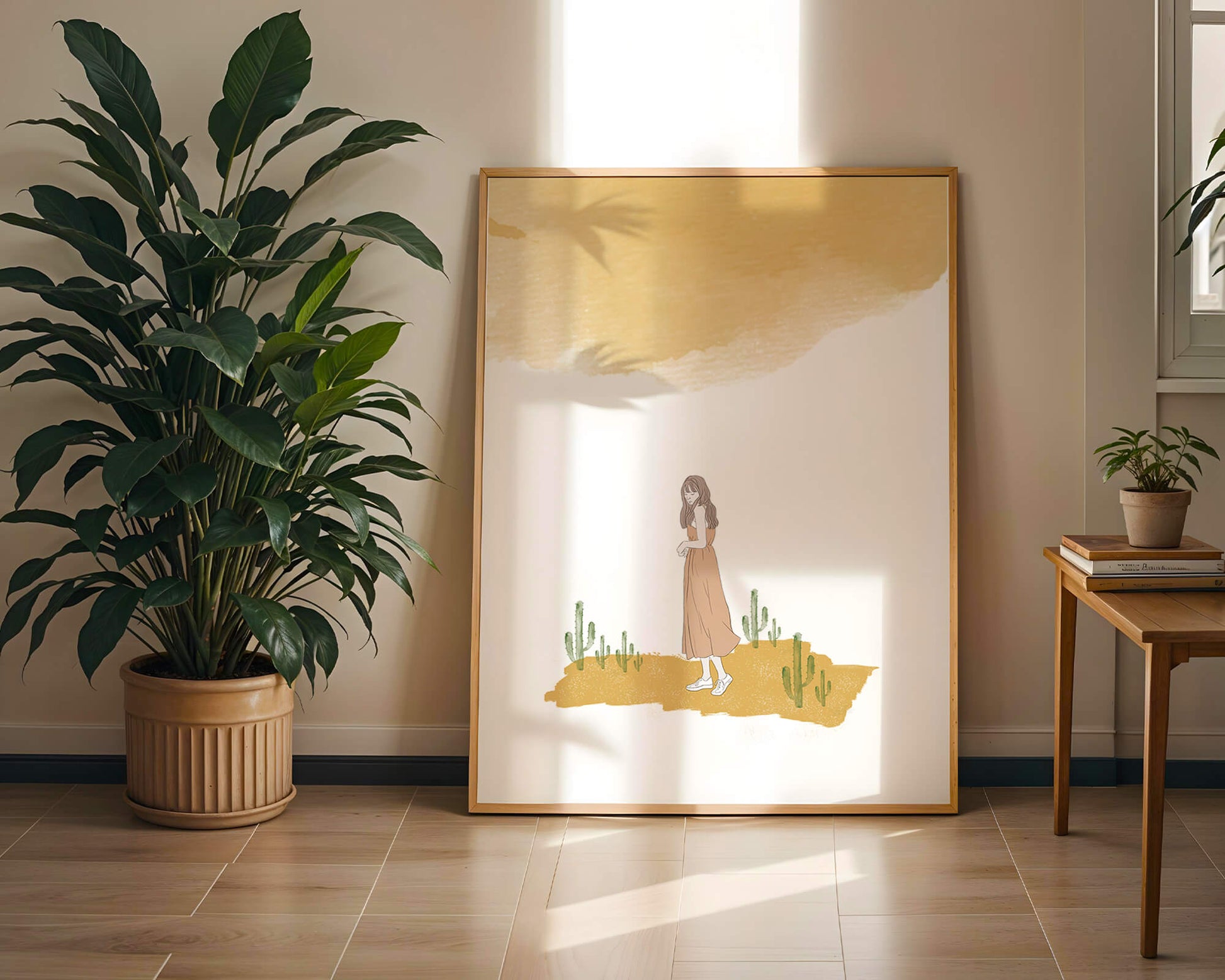 Fille en robe rose debout parmi des cactus sous un ciel aquarelle