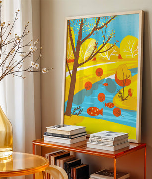 Paysage d'automne coloré avec rivière et arbres vibrants