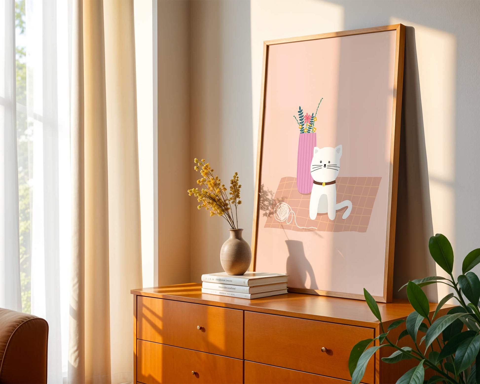 Illustration of a cute white cat with a pink vase and yarn ball on a pastel background