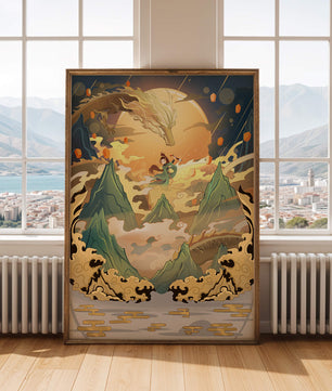 Mythical dragon and warrior painting with golden elements against a mountainous landscape