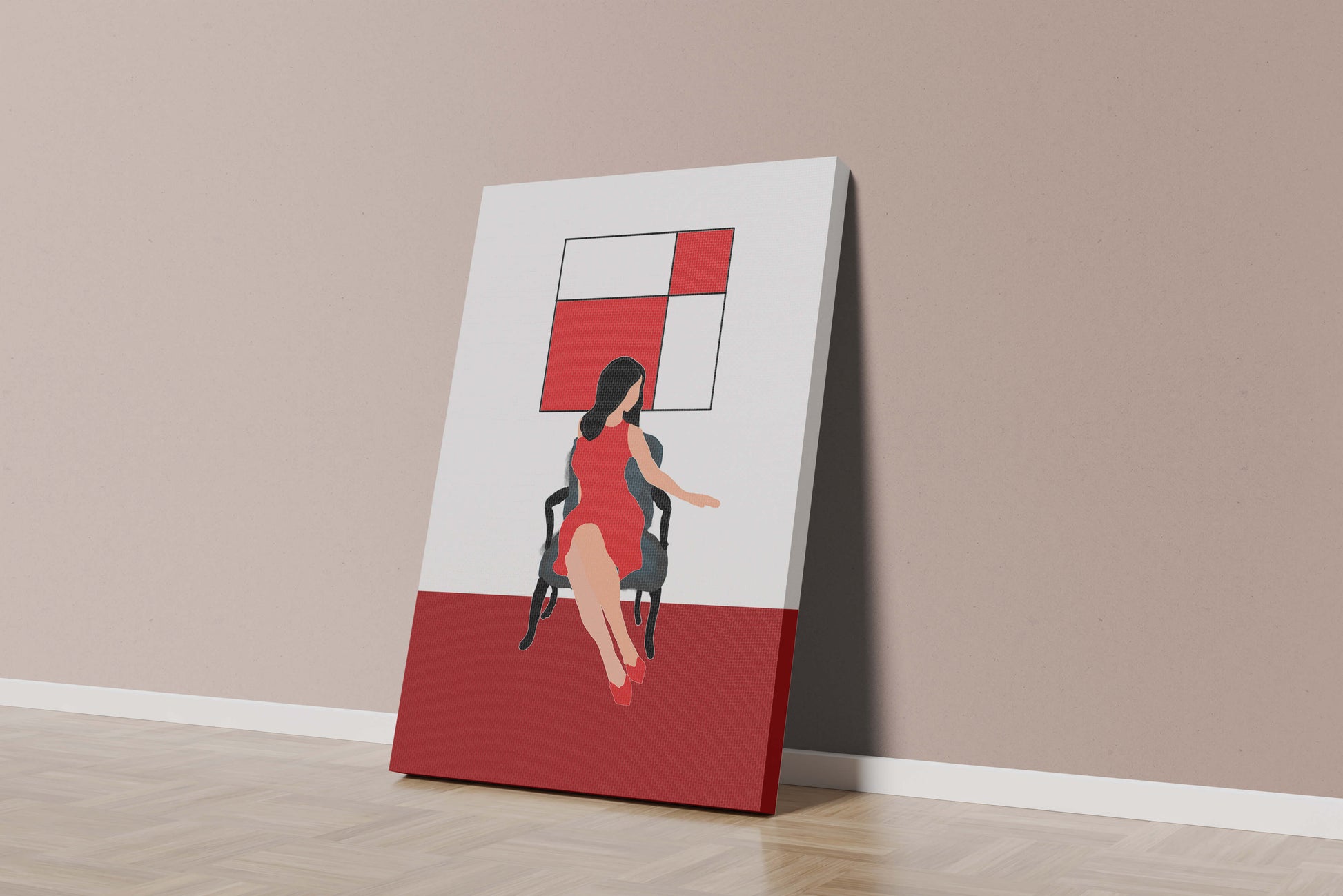 Mujer abstracta en vestido rojo sentada en una silla con arte geométrico en la pared
