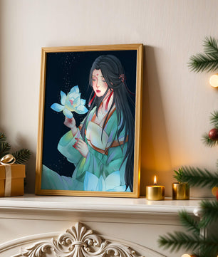 Elegant Woman Holding Glowing Lotus in Tranquil Nightscape