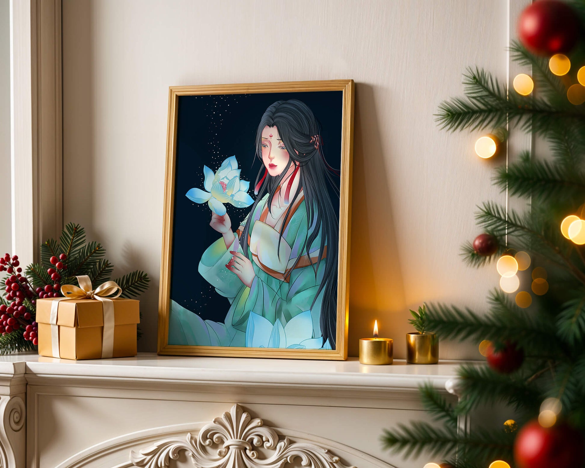 Elegant Woman Holding Glowing Lotus in Tranquil Nightscape