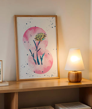 Abstract Floral Design with Pink Circles and Yellow Flower on White Background