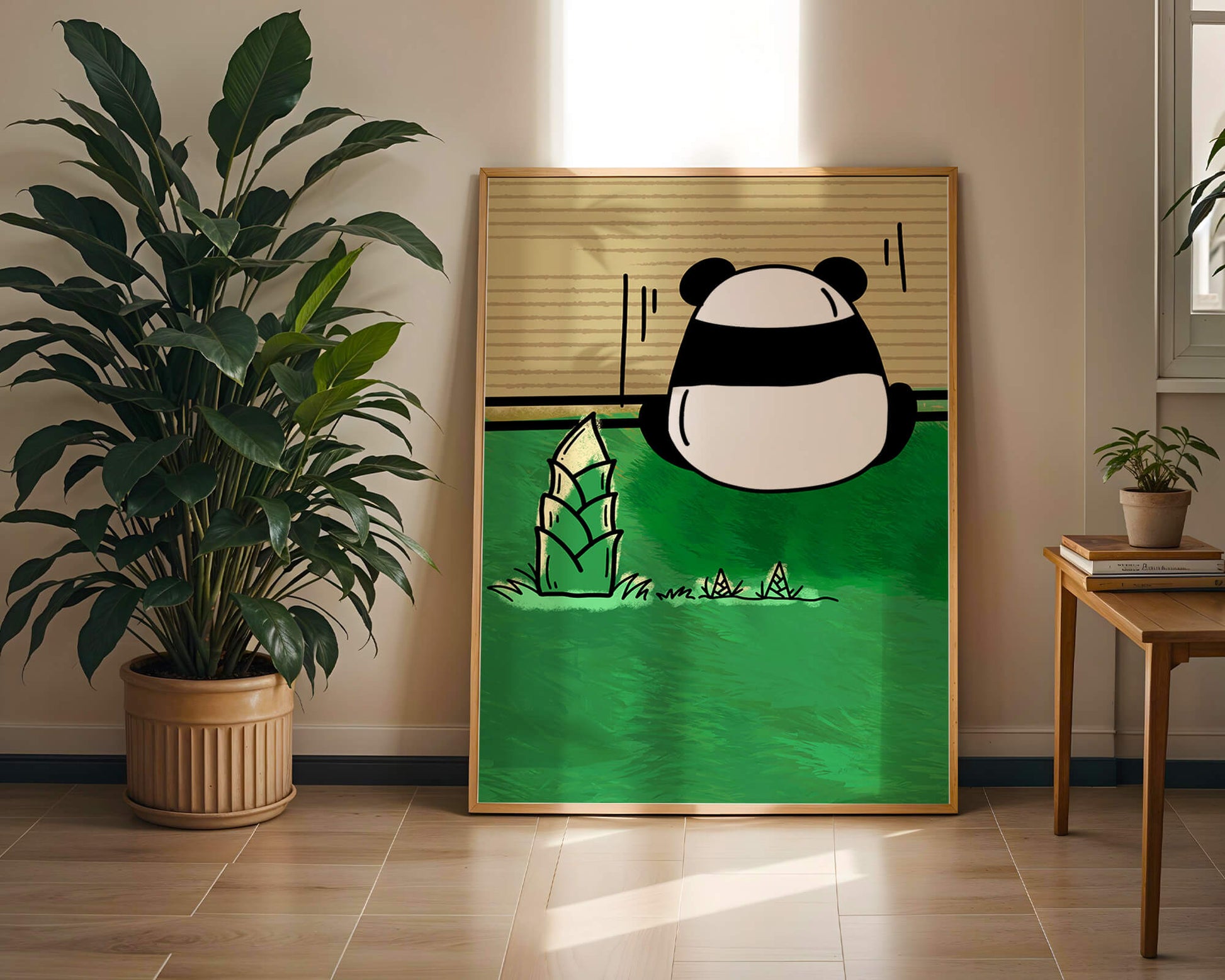 Whimsical panda in a green bamboo forest background