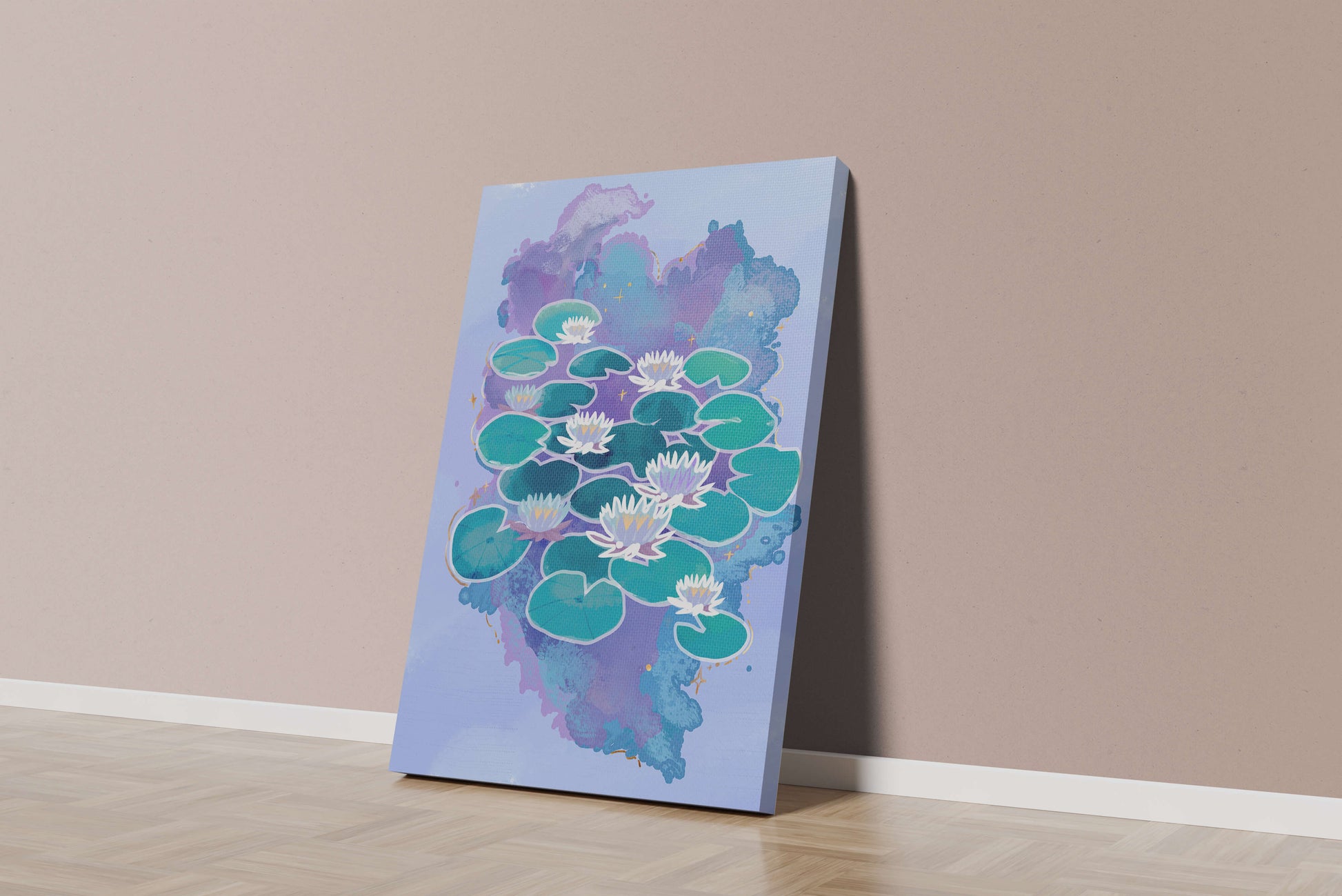 Serene aquatic scene with water lilies on abstract colorful background