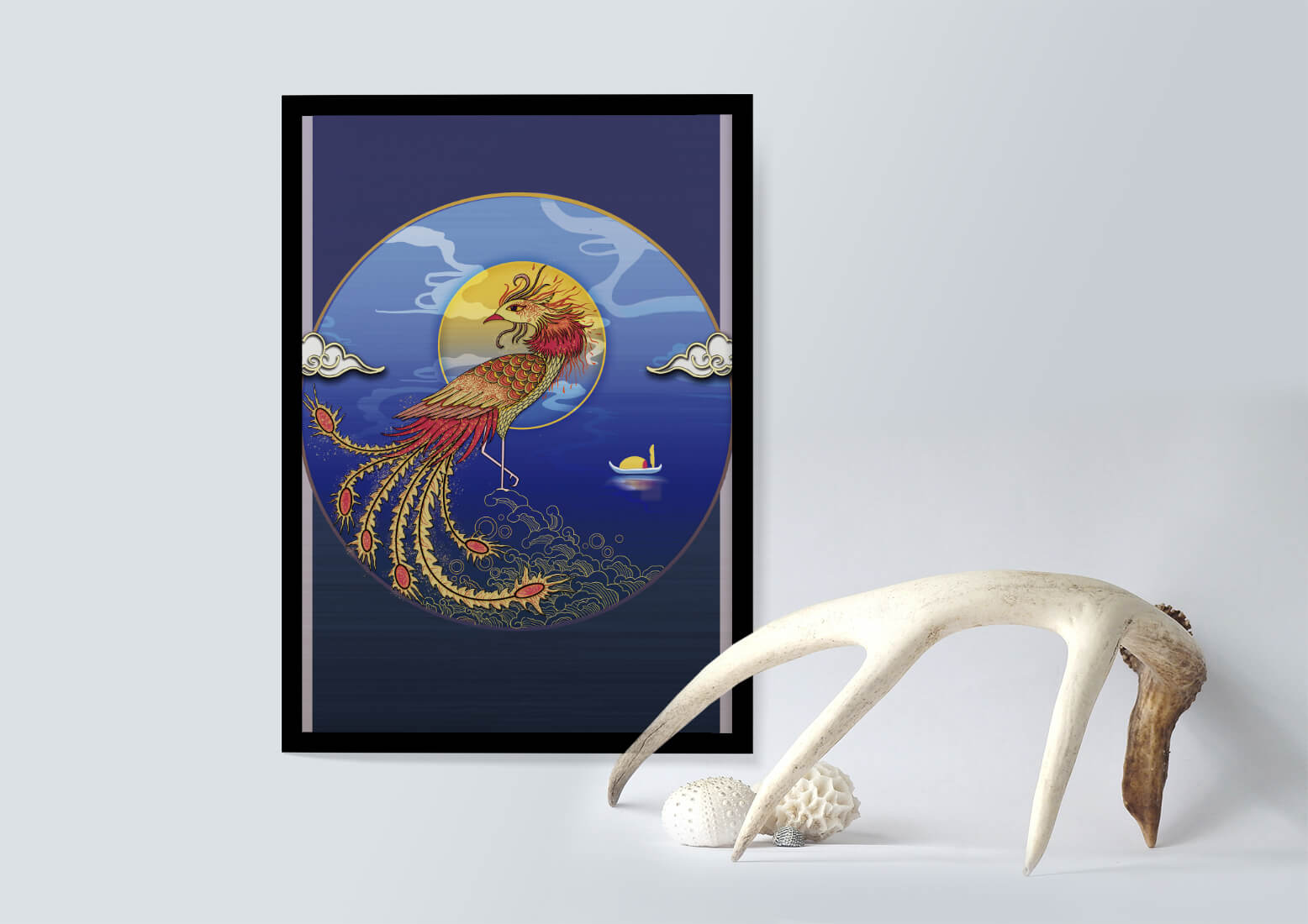 Golden Phoenix with Vibrant Feathers in Mystical Sea Setting