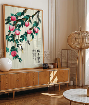 Delicate illustration of peach tree with birds and calligraphy