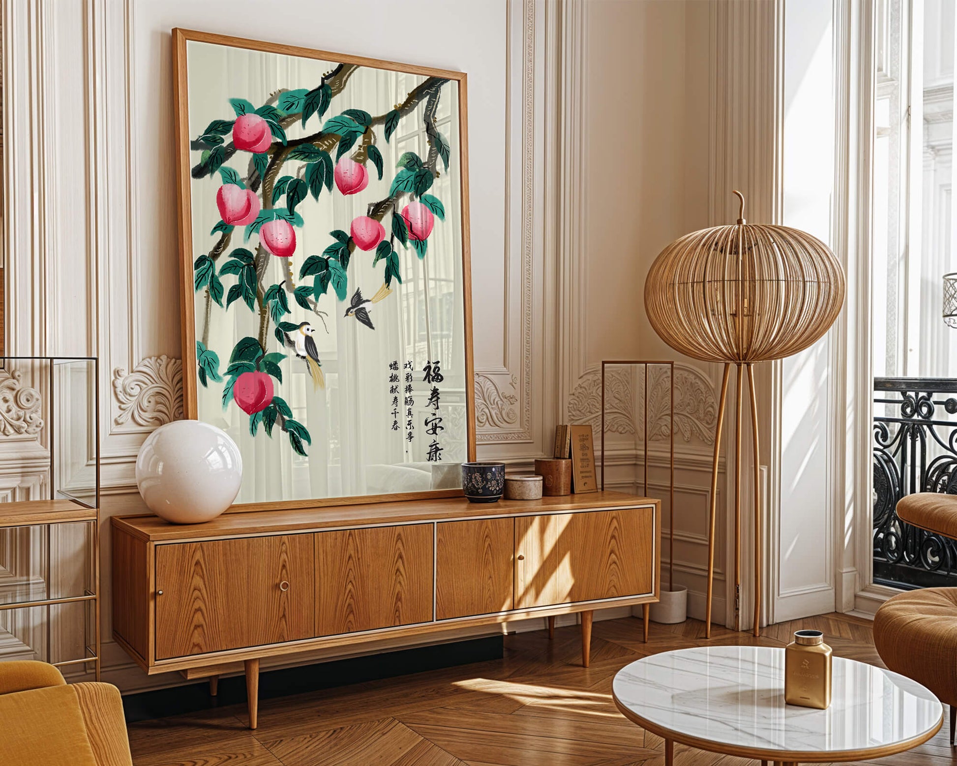 Delicate illustration of peach tree with birds and calligraphy