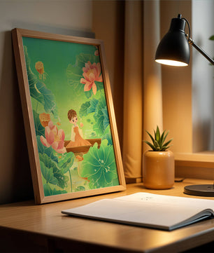 Serene illustration with girl among lotus flowers and green leaves