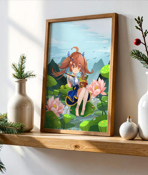 Chica de anime sentada en hojas de lirio con montañas al fondo