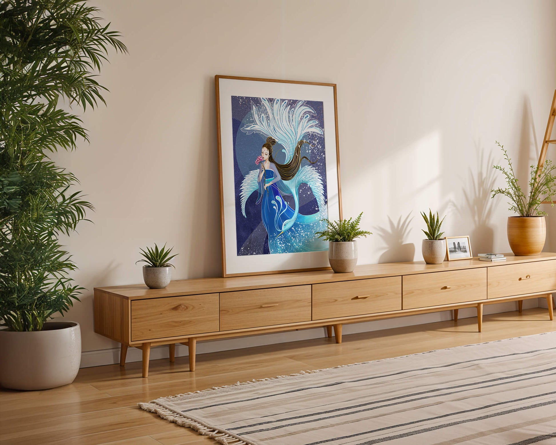 Elegant woman with floral motif and ethereal bird illustration