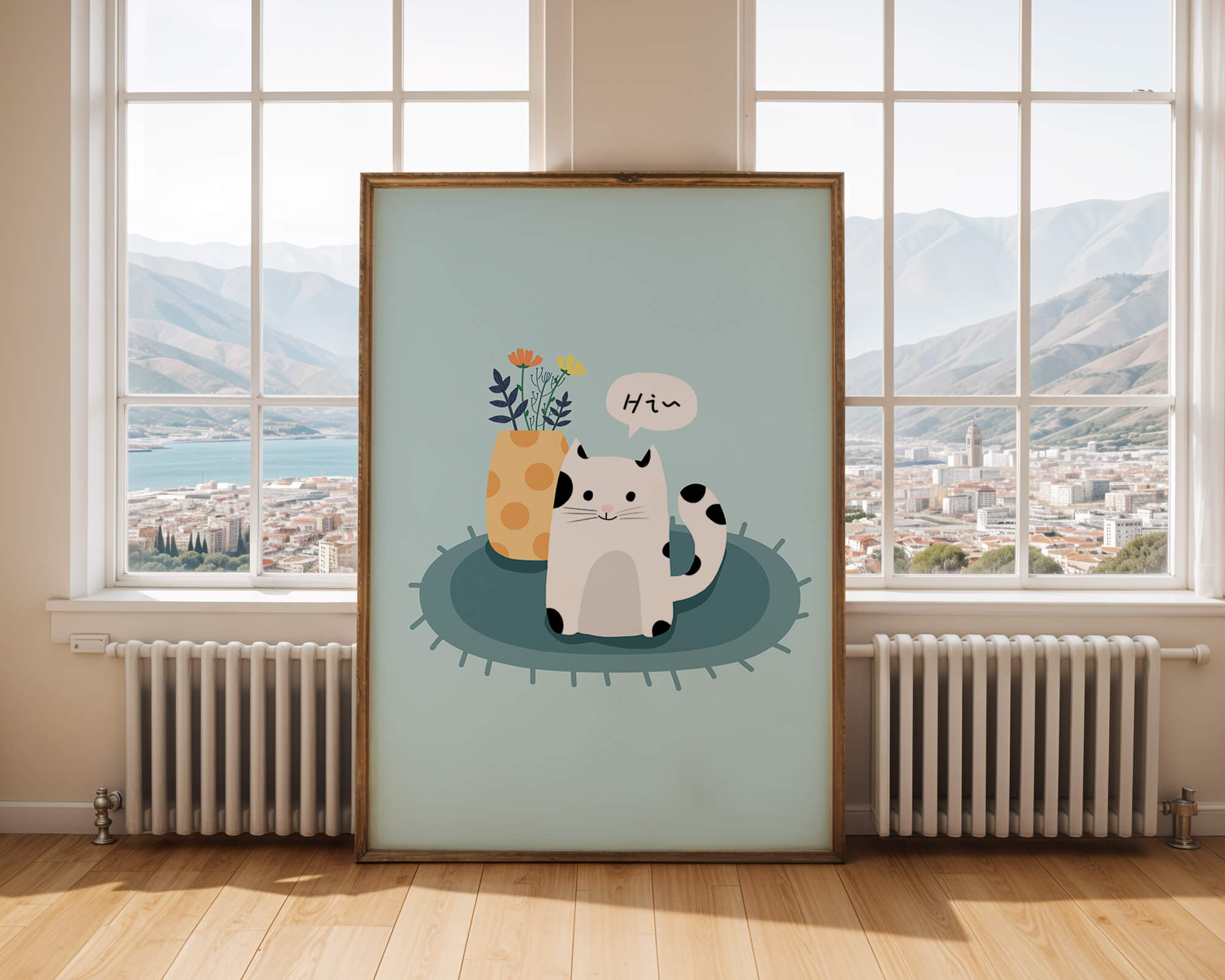 Cute illustration of a cat and flowers on a rug with a speech bubble