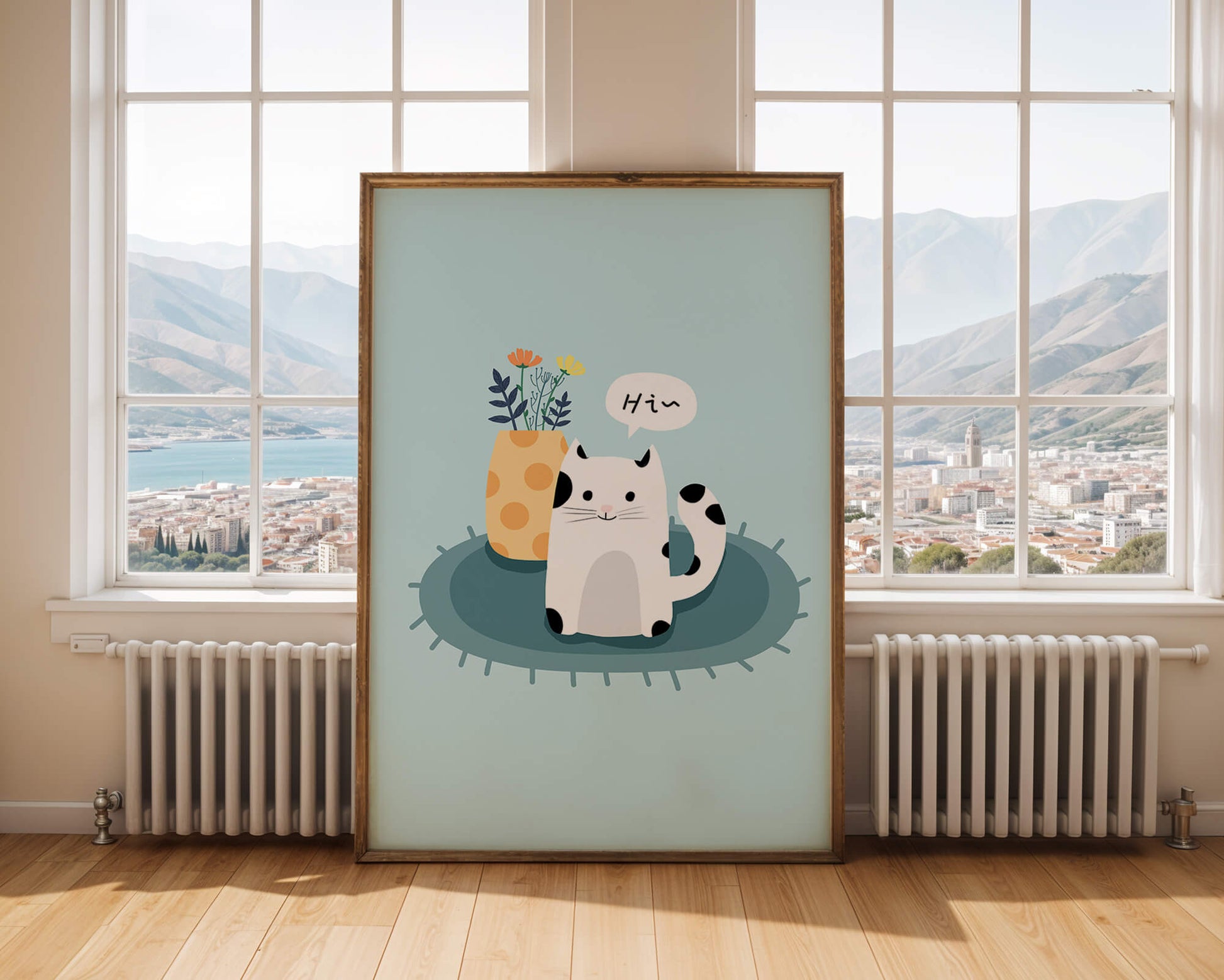 Cute illustration of a cat and flowers on a rug with a speech bubble
