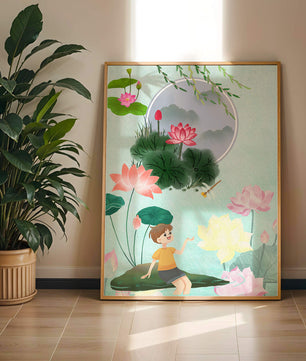Serene illustration of a child in a lotus garden with vibrant flora