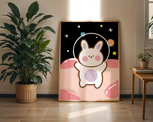 Cute cartoon bunny astronaut in space with colorful planets