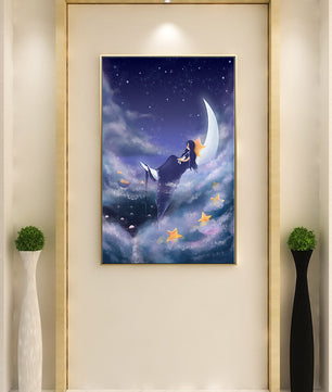Cielo nocturno soñador con una niña sentada en una luna creciente rodeada de estrellas
