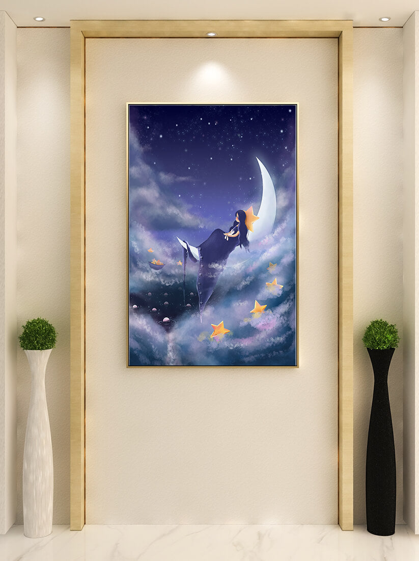 Dreamy night sky with girl sitting on crescent moon surrounded by stars