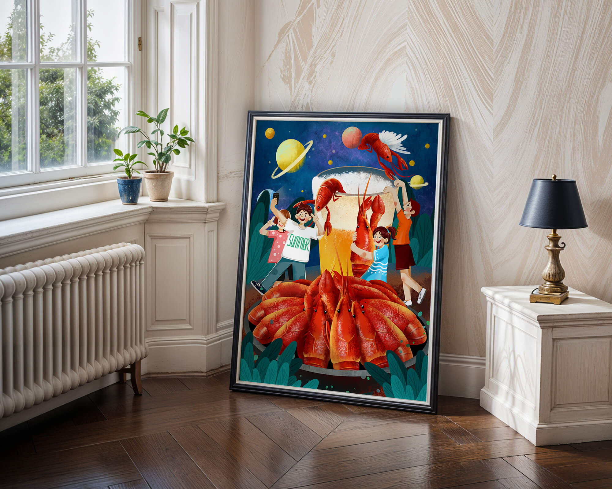 Fantasy illustration with cosmic lobsters and friends enjoying a summer feast