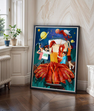 Ilustración de fantasía con langostas cósmicas y amigos disfrutando de un banquete de verano