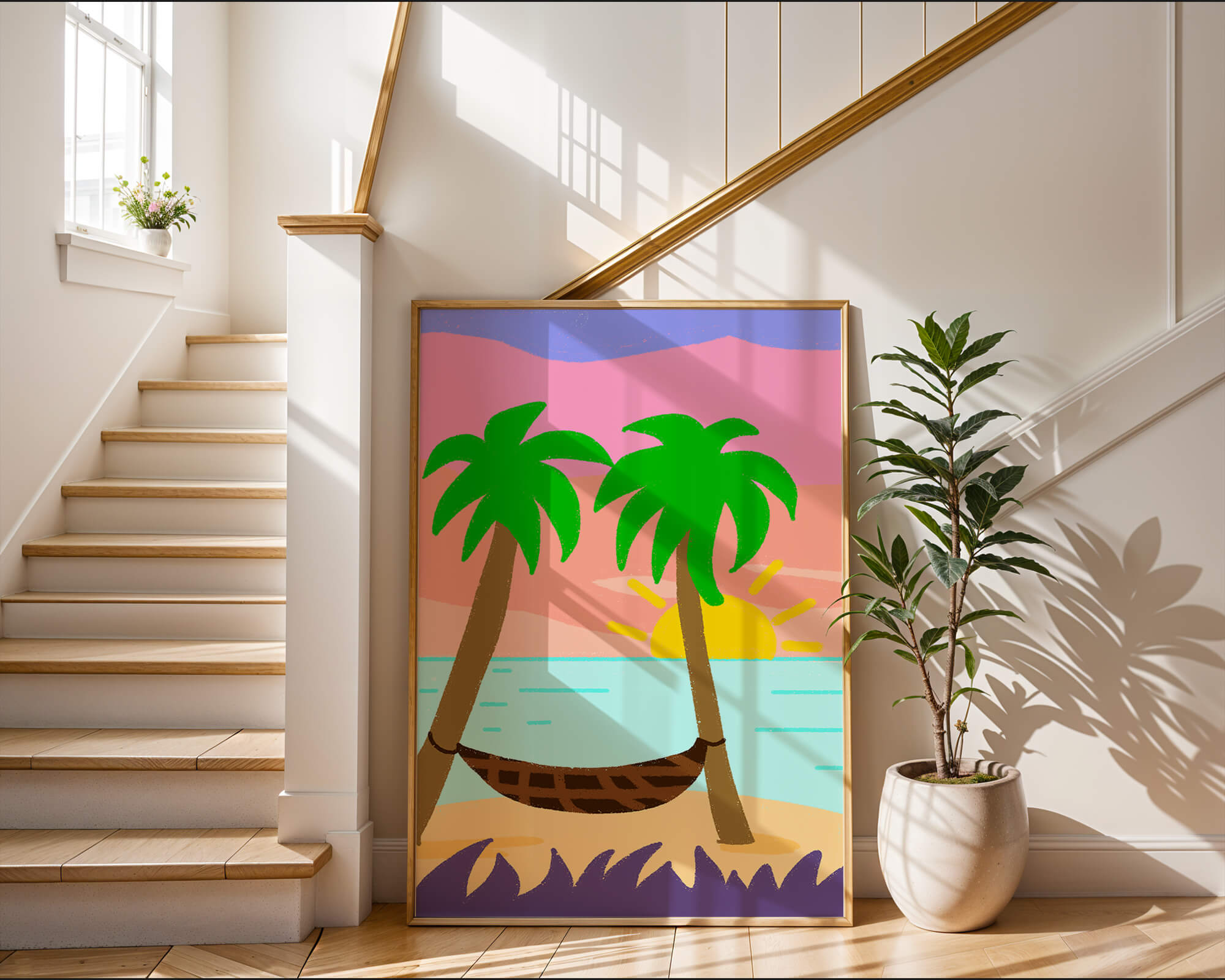 Tranquil beach scene with hammock and sunset