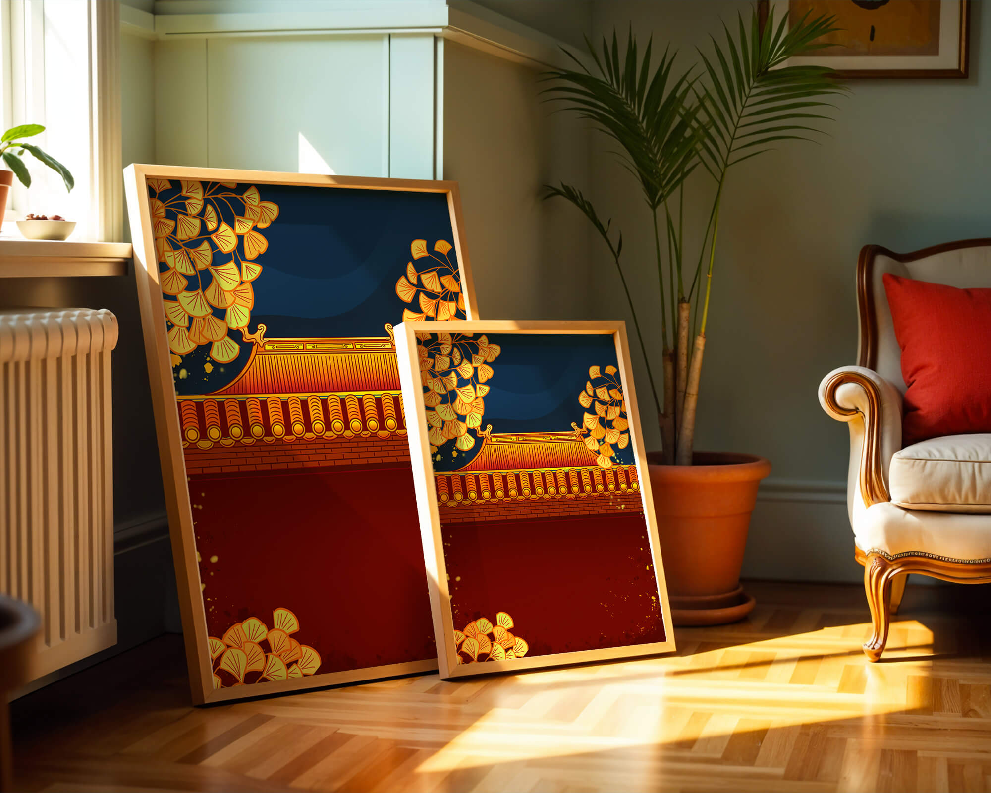 Traditional Asian rooftop with golden foliage on a dark evening sky background