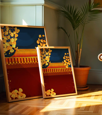 Traditional Asian rooftop with golden foliage on a dark evening sky background