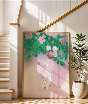 White cat stretching beneath blooming flowers in a pastel garden setting