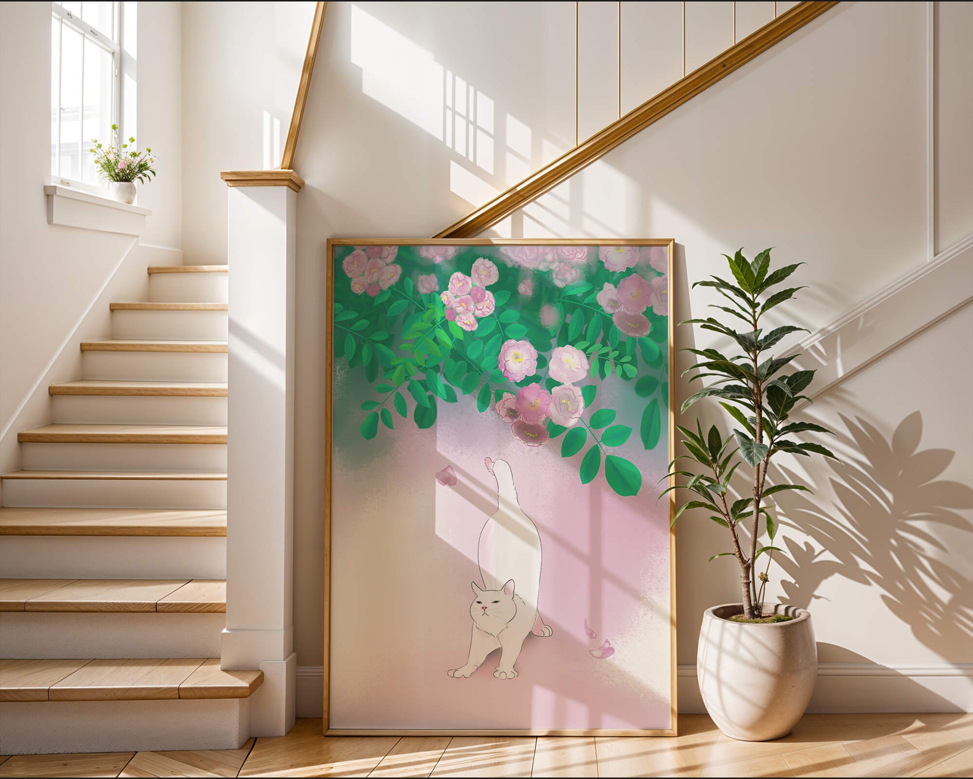 White cat stretching beneath blooming flowers in a pastel garden setting
