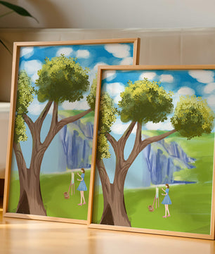 Young woman painting near a tree by a waterfall with a vibrant sky