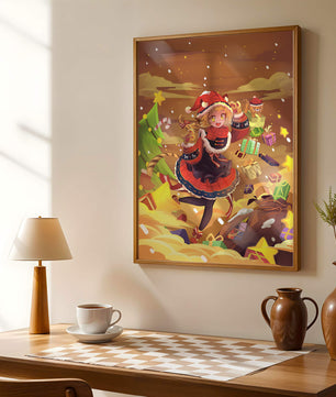 Festive anime character surrounded by gifts and holiday decor