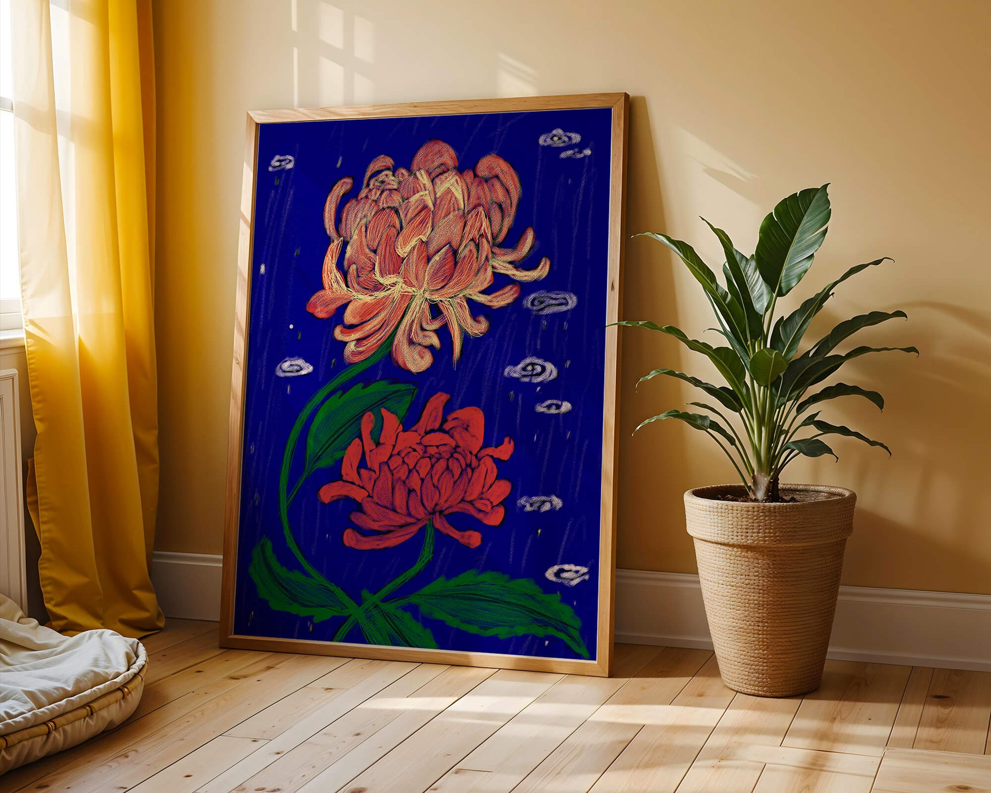 Colorful chrysanthemum illustration on dark blue background