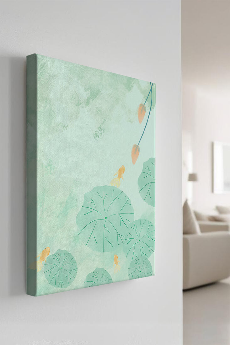 Serene Pond Scene with Goldfish and Lotus Leaves