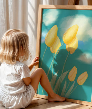Stylized yellow tulips against a cloudy blue sky background