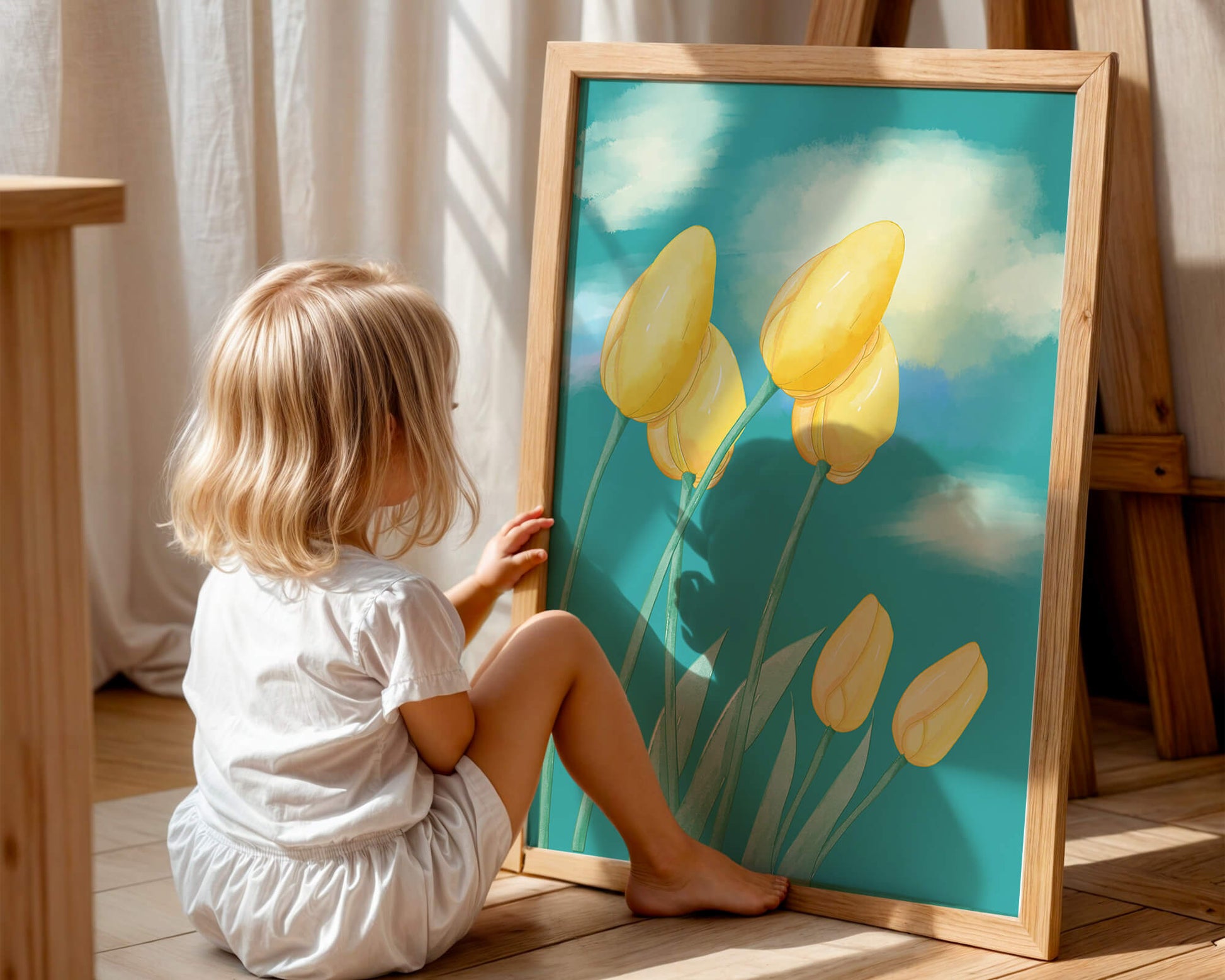 Stylized yellow tulips against a cloudy blue sky background