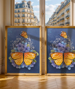 Colorida ilustración de mariposa y flores azules
