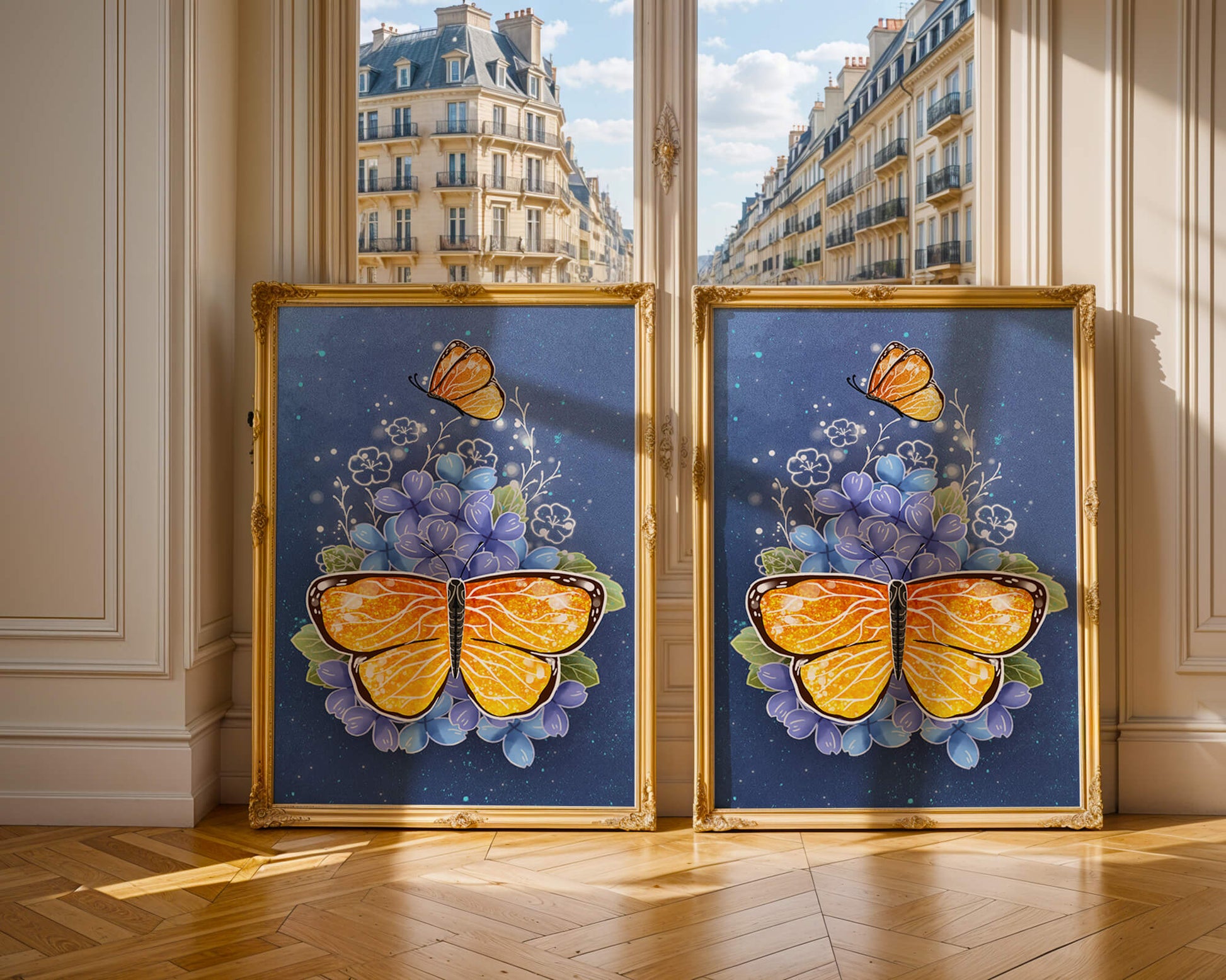 Colorida ilustración de mariposa y flores azules
