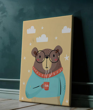 Ilustración de un oso acogedor disfrutando del té con gafas