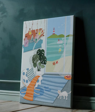 Habitación acogedora con vista al mar y faro a través de la ventana