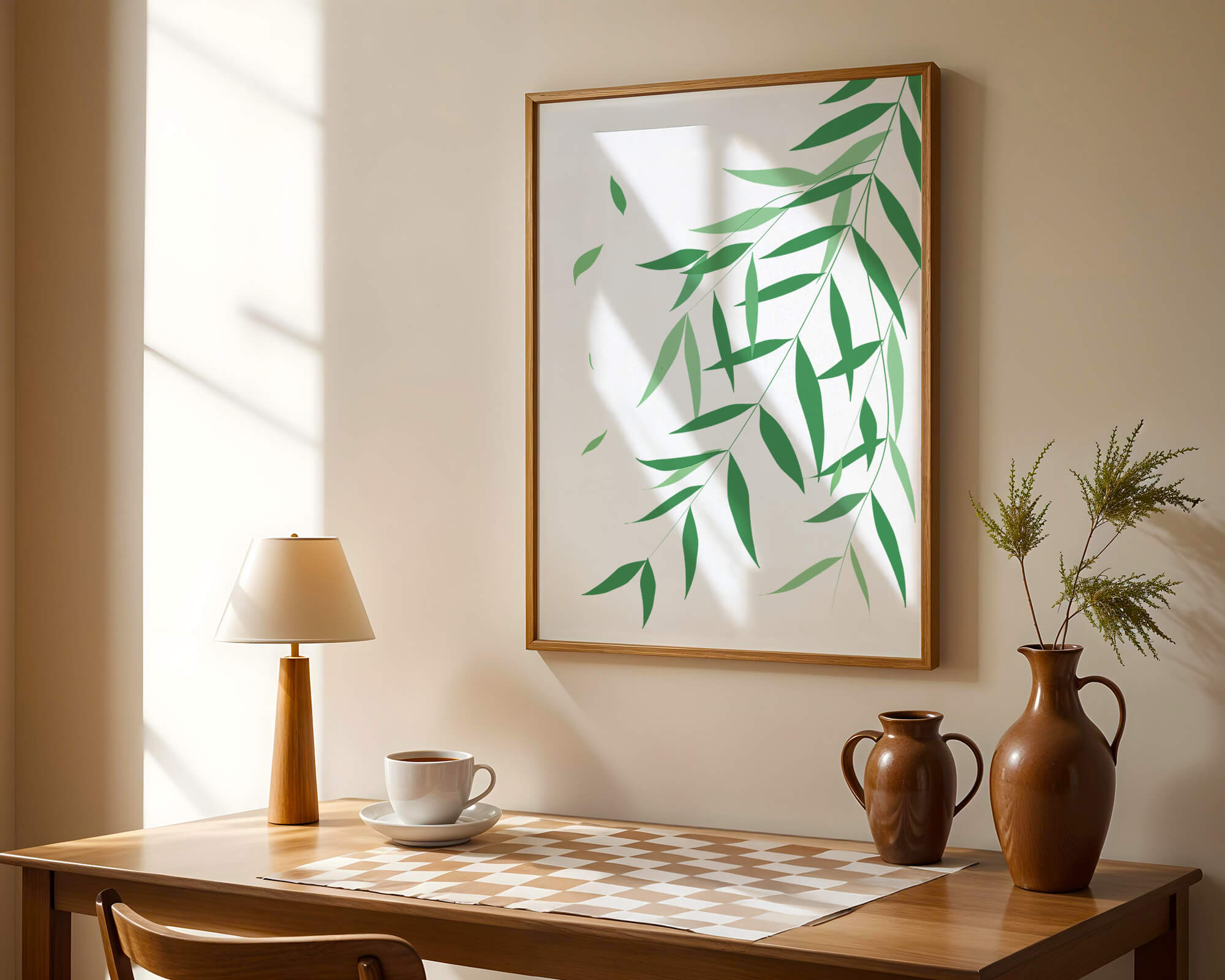 Elegant green leaves on black background art illustration