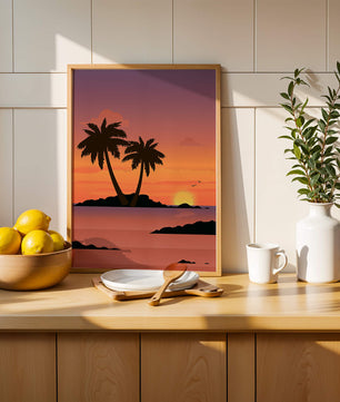 Sunset Over Tropical Island with Palm Trees and Birds - Mi tienda