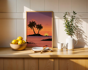 Sunset Over Tropical Island with Palm Trees and Birds - Mi tienda