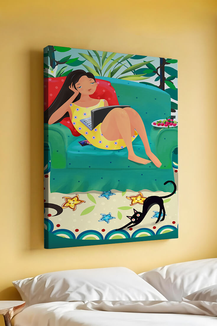 Young Woman Relaxing on Couch with Cat and Fruits in Vibrant Living Room