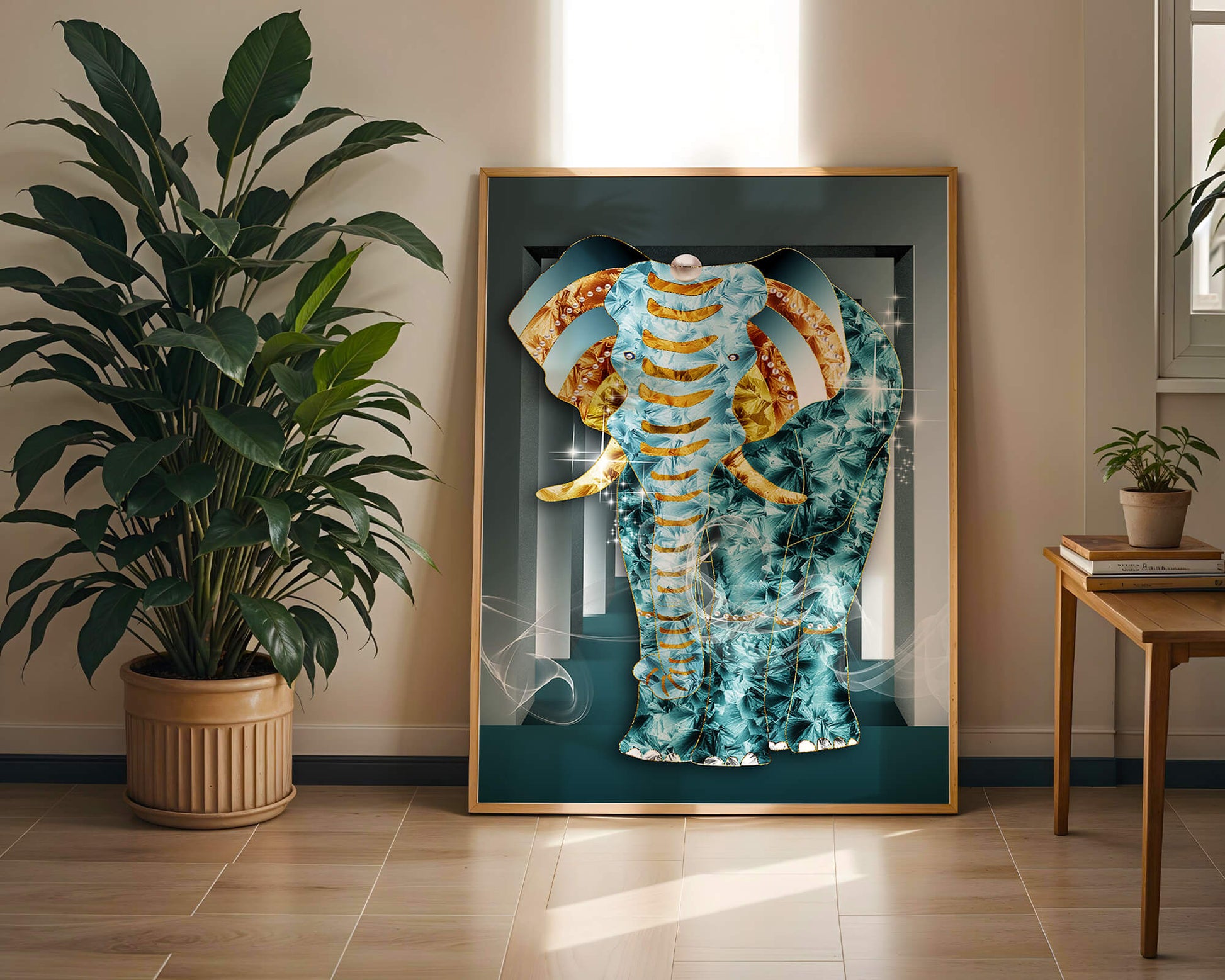 Elephant with Gold and Blue Textures in Surreal Geometric Background