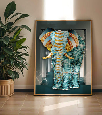 Elephant with Gold and Blue Textures in Surreal Geometric Background